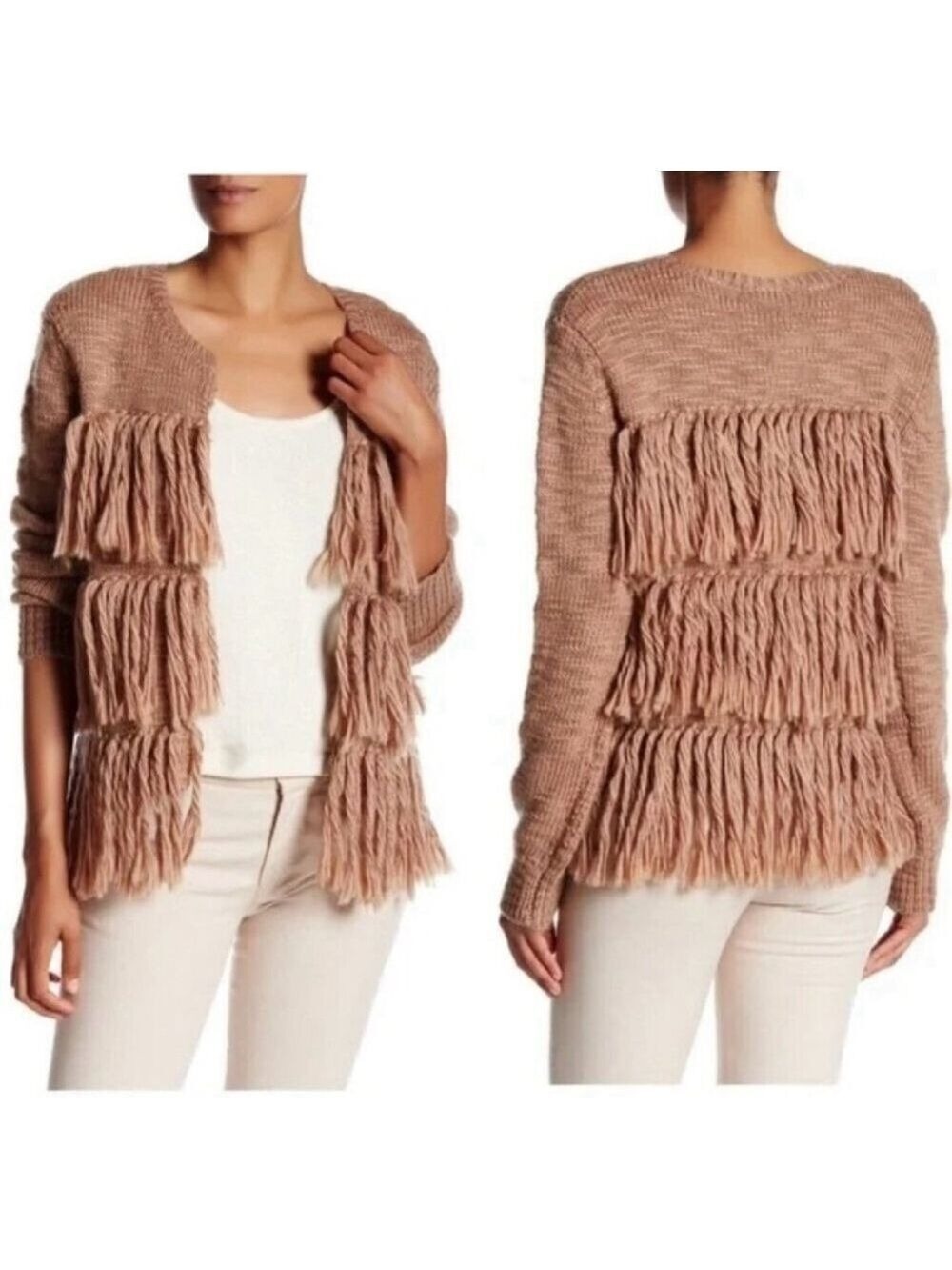 Trina Turk Wool Fringe Cardigan Beige Open Front Boho Sweater S/M